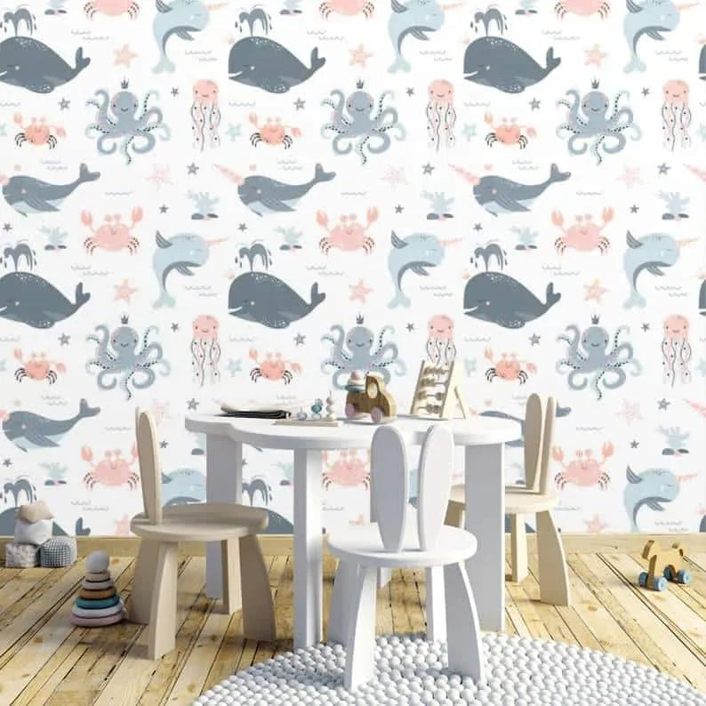 Sea Narwhal Whale and Undersea World Nursery Wallpaper Mural