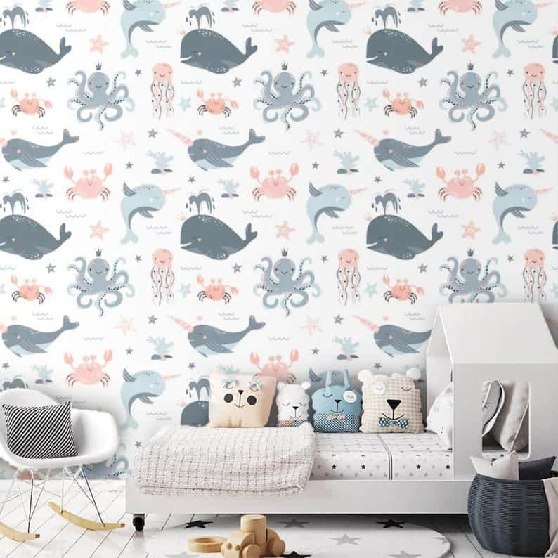 Blue Monstera and Floral Watercolor Wallpaper Blue Monstera and Floral Watercolor Wallpaper Sea Narwhal Whale and Undersea World Nursery Wallpaper Mural 