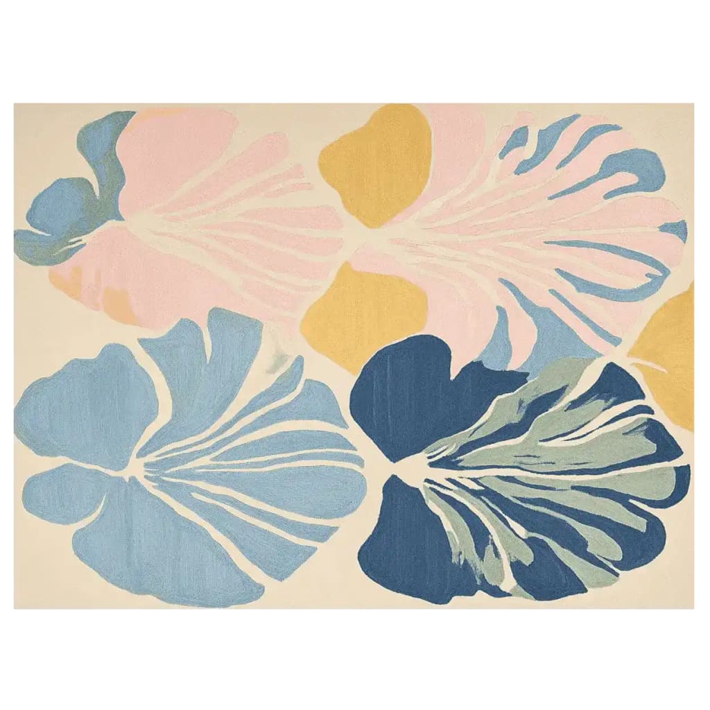 Top view of the Seashell Petal Harmony Hand Tufted Area Rug showcasing an elegant design with pastel pink, blue, and mustard abstract floral patterns. This contemporary wool rug is perfect for adding a touch of sophistication to large living room spaces.