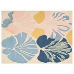 Top view of the Seashell Petal Harmony Hand Tufted Area Rug showcasing an elegant design with pastel pink, blue, and mustard abstract floral patterns. This contemporary wool rug is perfect for adding a touch of sophistication to large living room spaces.