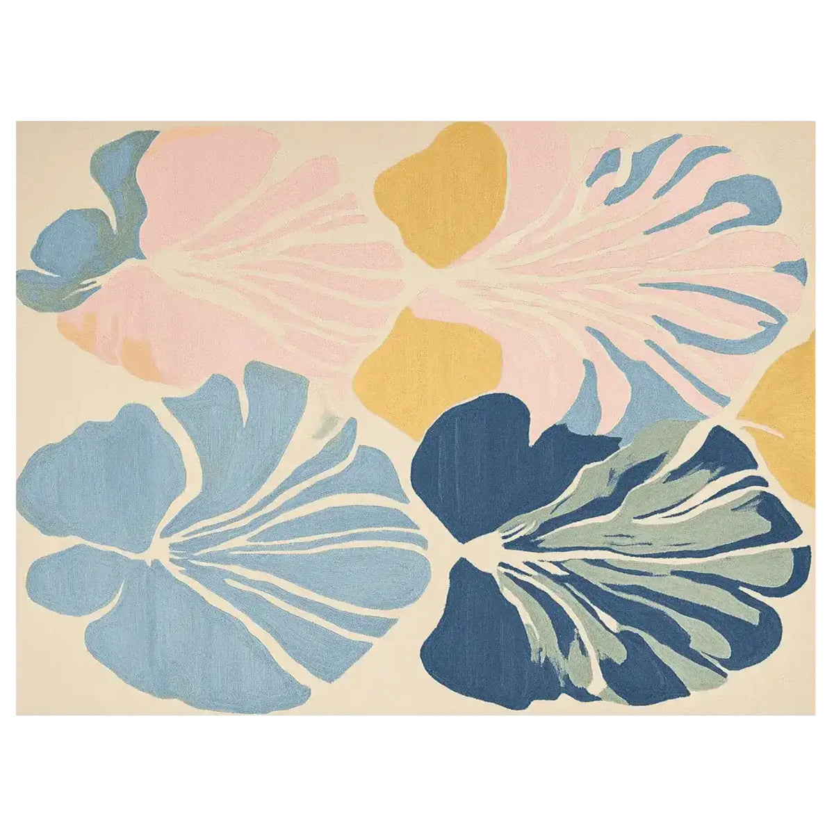 Top view of the Seashell Petal Harmony Hand Tufted Area Rug showcasing an elegant design with pastel pink, blue, and mustard abstract floral patterns. This contemporary wool rug is perfect for adding a touch of sophistication to large living room spaces.