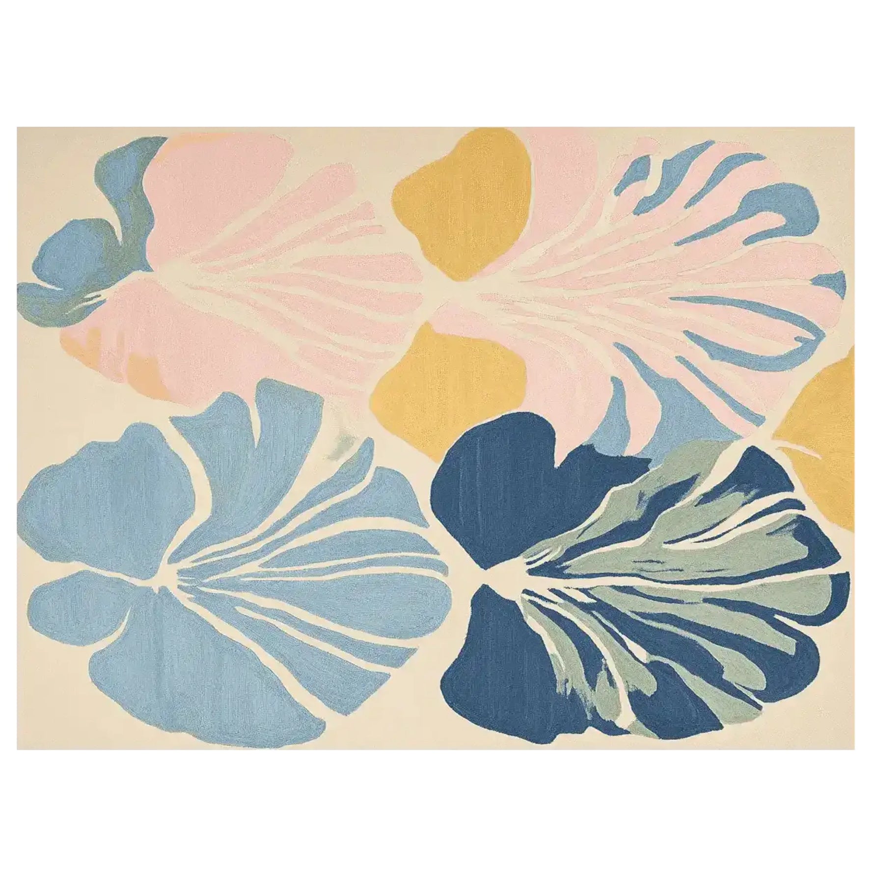 Top view of the Seashell Petal Harmony Hand Tufted Area Rug showcasing an elegant design with pastel pink, blue, and mustard abstract floral patterns. This contemporary wool rug is perfect for adding a touch of sophistication to large living room spaces.