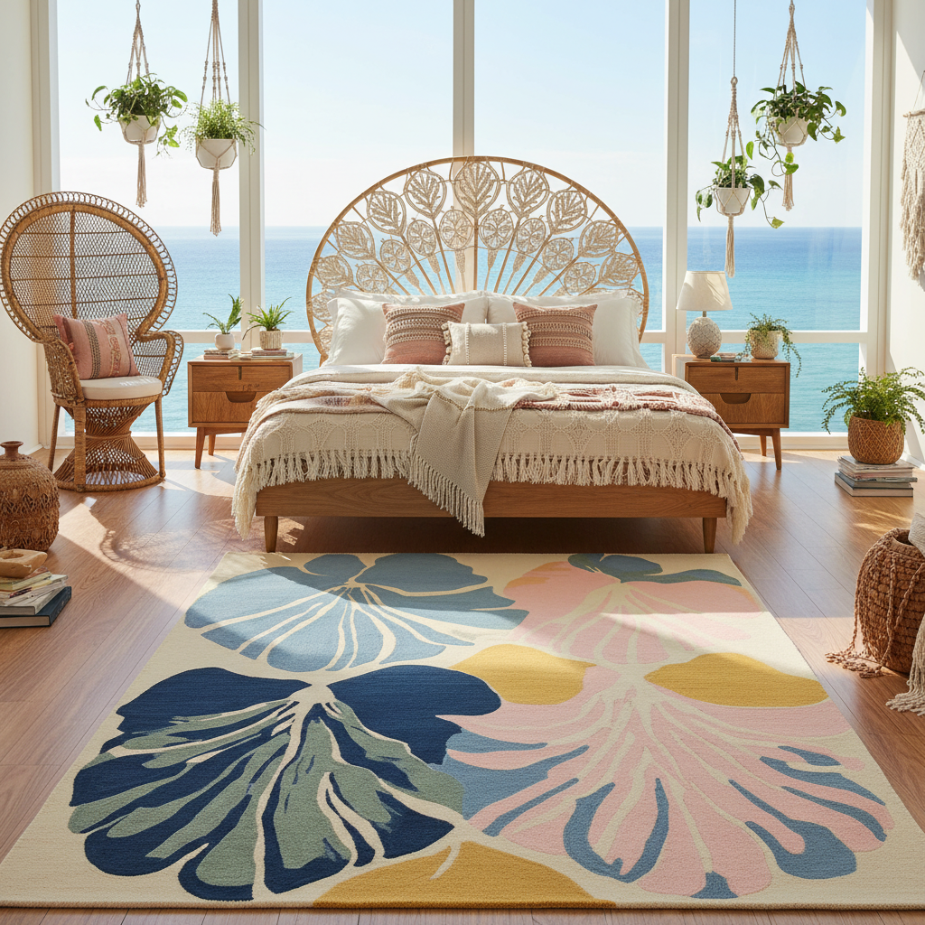 Modern bedroom with ocean view, floral rug, and decorative plants.