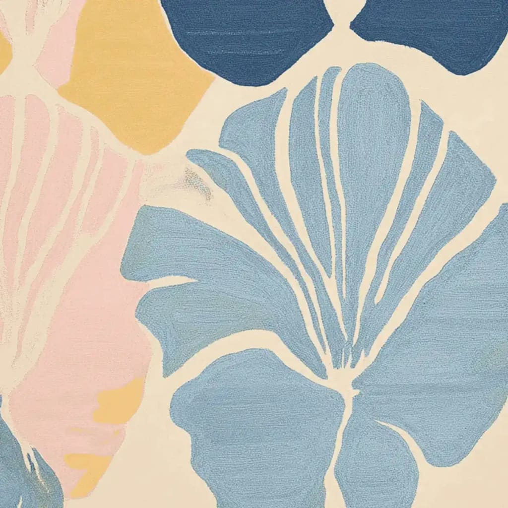 Close-up view of the Seashell Petal Harmony Hand Tufted Area Rug, showcasing an abstract floral design with blue, pink, and yellow hues. This contemporary wool rug is perfect for adding a touch of elegance to large living room spaces, making it an ideal choice for area rugs in living rooms.