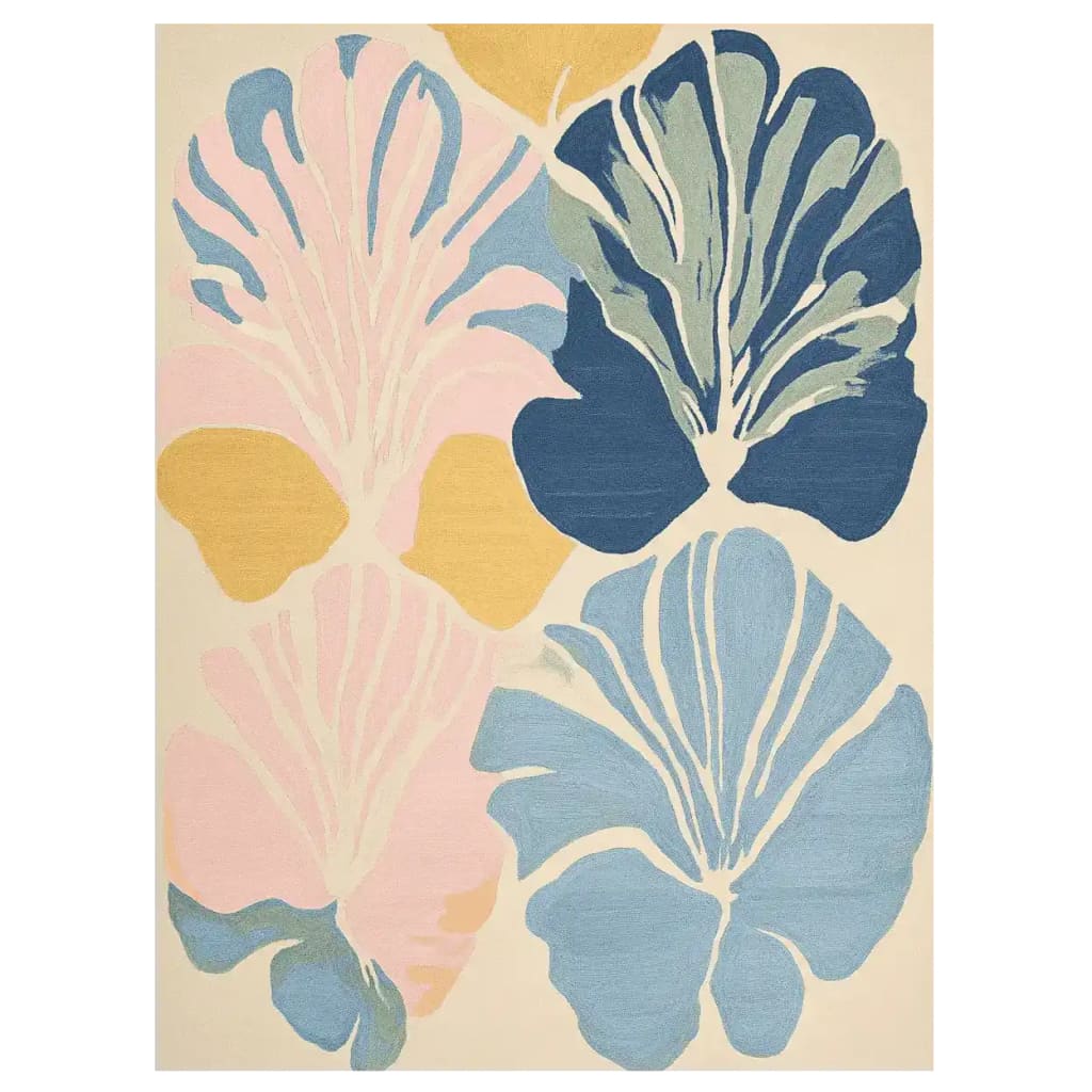 This beautiful area rug, titled 'Seashell Petal Harmony Hand Tufted Rug', showcases a contemporary design with bold petal patterns in shades of blue, pink, and yellow. Perfect for adding a touch of elegance to large living rooms, this wool rug combines both style and comfort, making it an ideal choice for area rugs for living rooms.