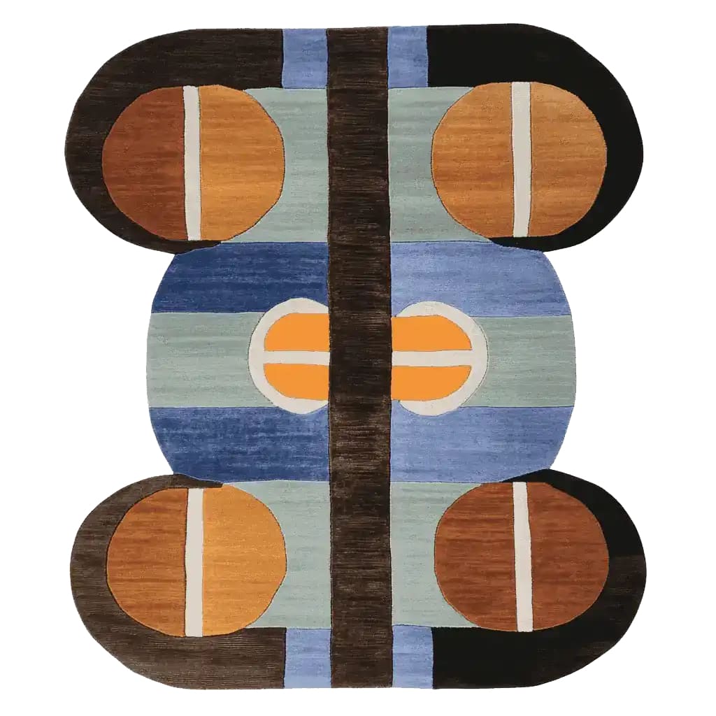 This area rug features a contemporary design with bold geometric patterns in shades of blue, brown, and orange. The hand-tufted wool rug adds a modern touch to any living room. Perfect for an 8x10 space, this stylish rug combines form and function.
