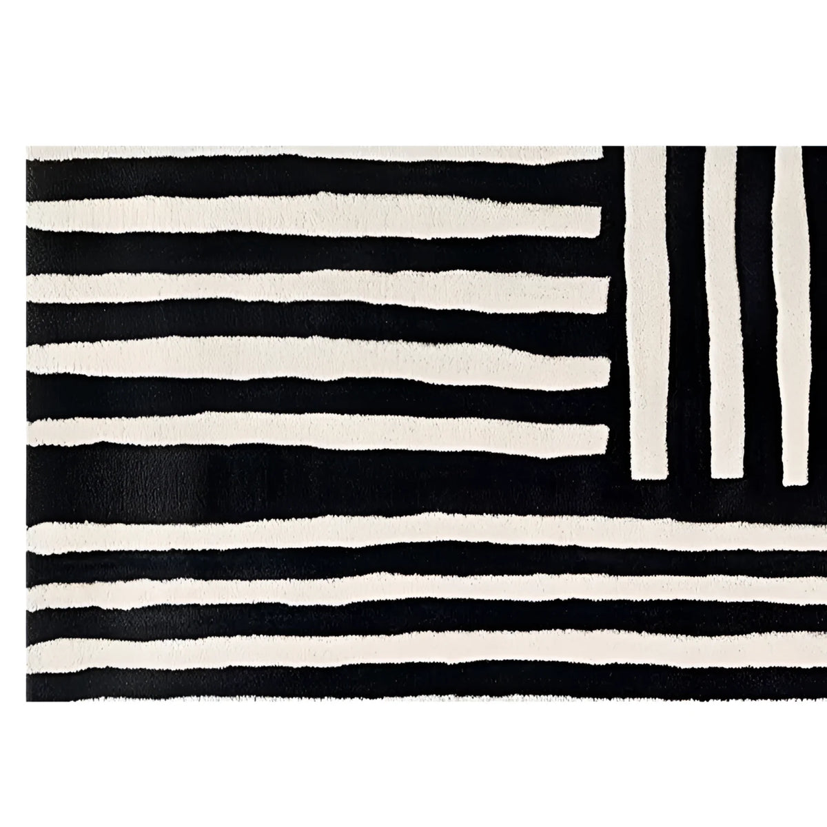 A contemporary wool runner rug featuring bold black and white stripes in an abstract pattern. Perfect for adding a modern touch to kitchens, hallways, or bathrooms, this hand-tufted rug combines style and functionality.