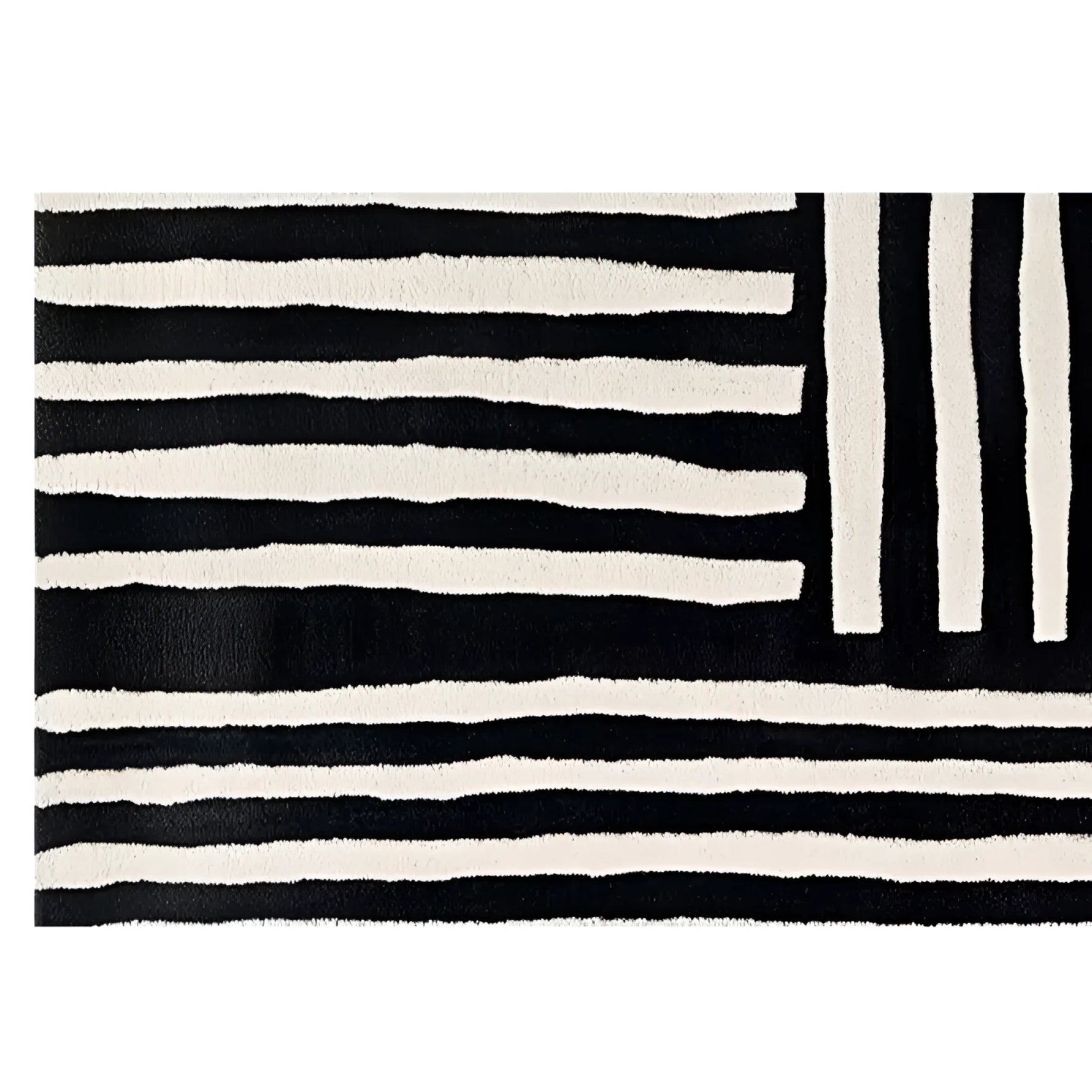 A contemporary wool runner rug featuring bold black and white stripes in an abstract pattern. Perfect for adding a modern touch to kitchens, hallways, or bathrooms, this hand-tufted rug combines style and functionality.