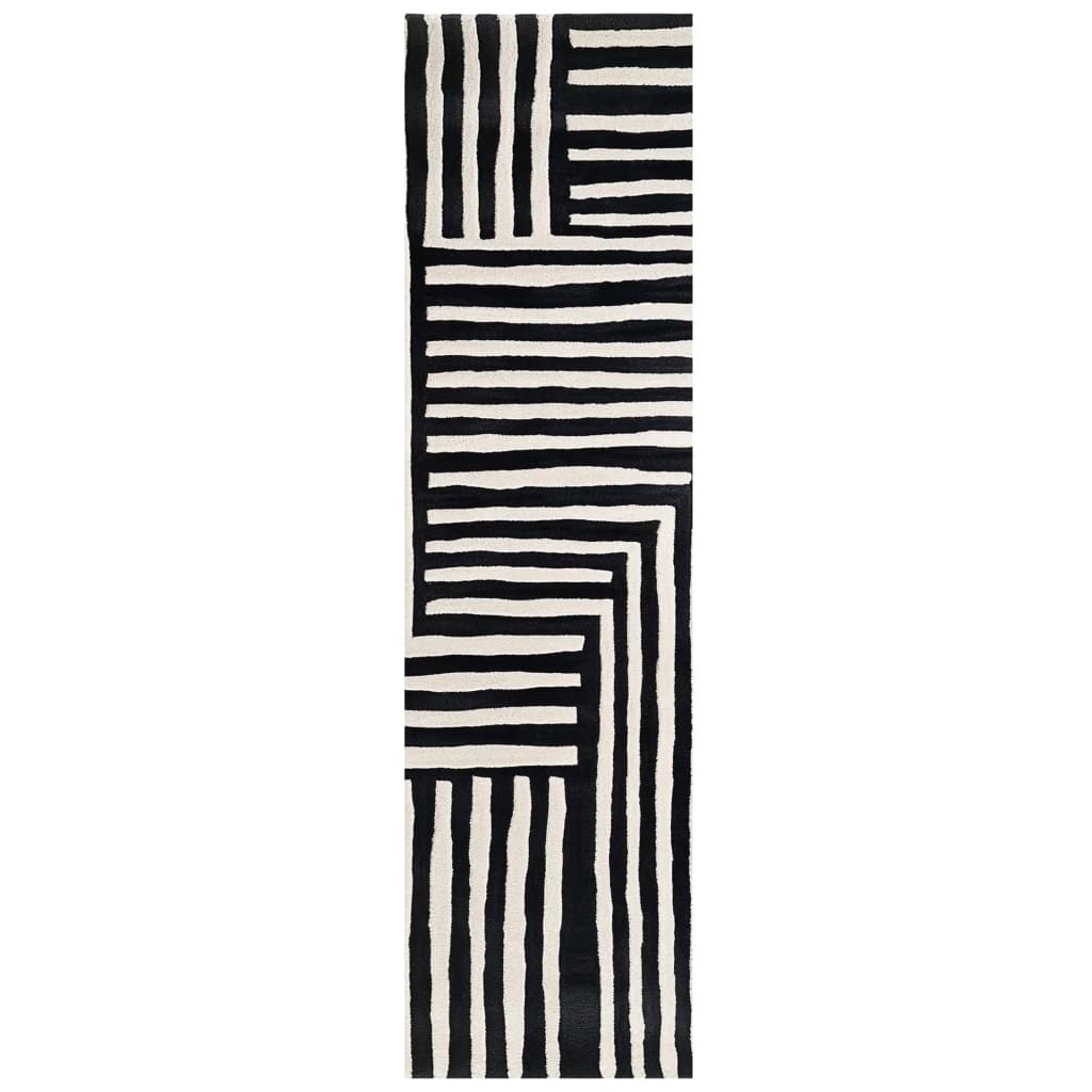 Top view of the Sentinel Pathway Hand Tufted Wool Rug featuring a striking black and white geometric pattern. This runner rug is perfect for adding a contemporary touch to your hallway or kitchen. Its durable wool construction makes it a stylish and practical choice for high-traffic areas like the kitchen, bathroom, or any hallway needing a modern upgrade.
