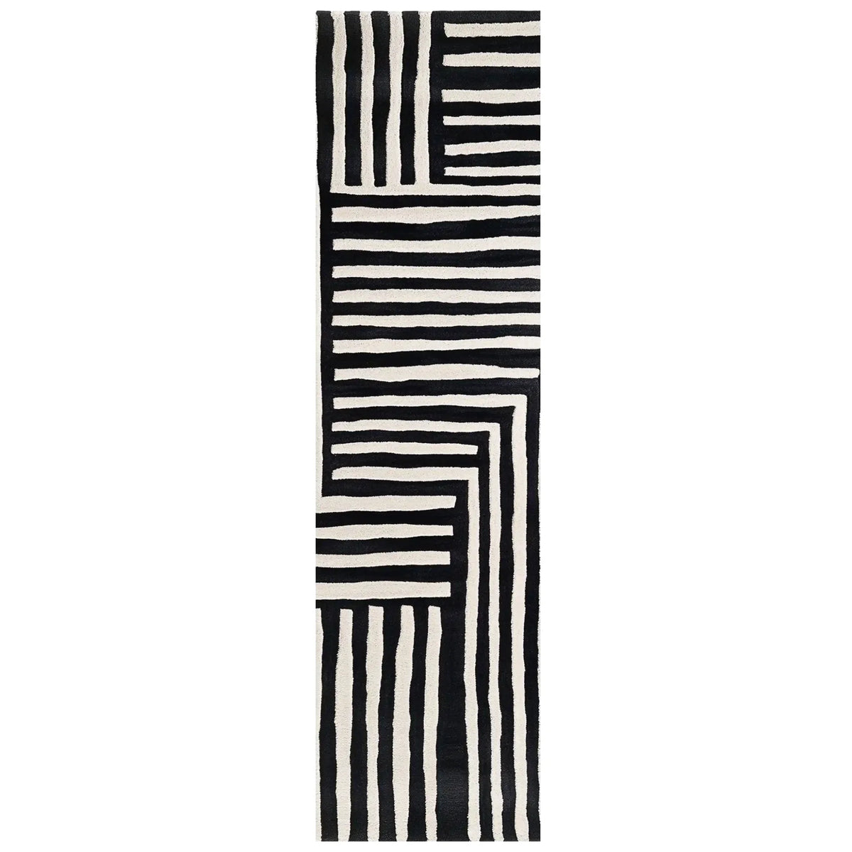Top view of the Sentinel Pathway Hand Tufted Wool Rug featuring a striking black and white geometric pattern. This runner rug is perfect for adding a contemporary touch to your hallway or kitchen. Its durable wool construction makes it a stylish and practical choice for high-traffic areas like the kitchen, bathroom, or any hallway needing a modern upgrade.