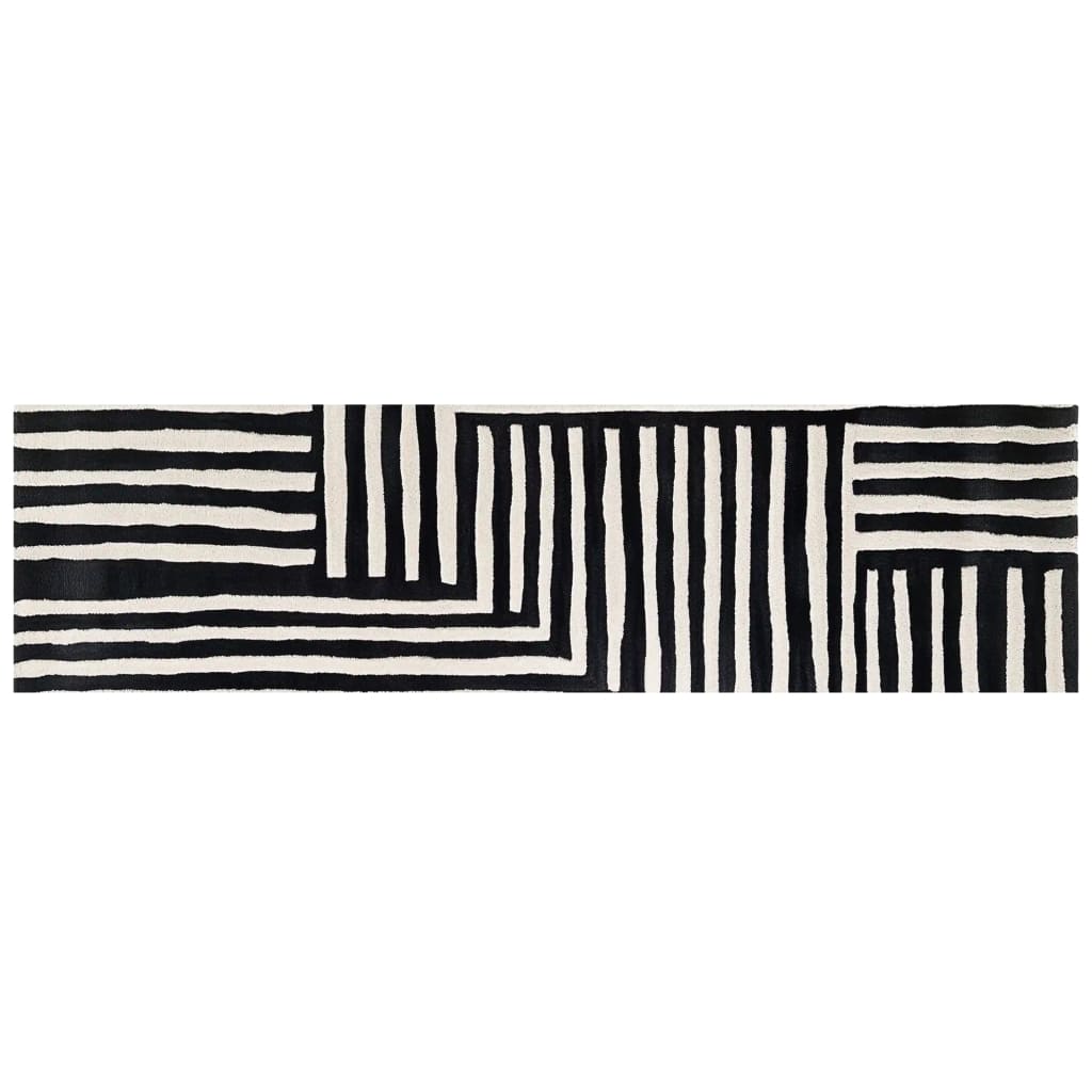 Contemporary Sentinel Pathway Hand Tufted Wool Rug with black and white geometric patterns, ideal as a hallway runner rug or kitchen runner rug. This stylish wool rug adds a modern touch to any room, perfect for use as a kitchen rug or bathroom runner rug.