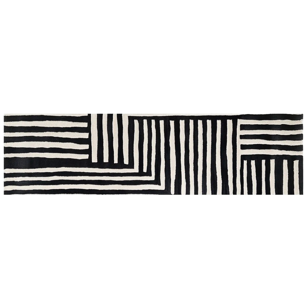 Contemporary Sentinel Pathway Hand Tufted Wool Rug with black and white geometric patterns, ideal as a hallway runner rug or kitchen runner rug. This stylish wool rug adds a modern touch to any room, perfect for use as a kitchen rug or bathroom runner rug.