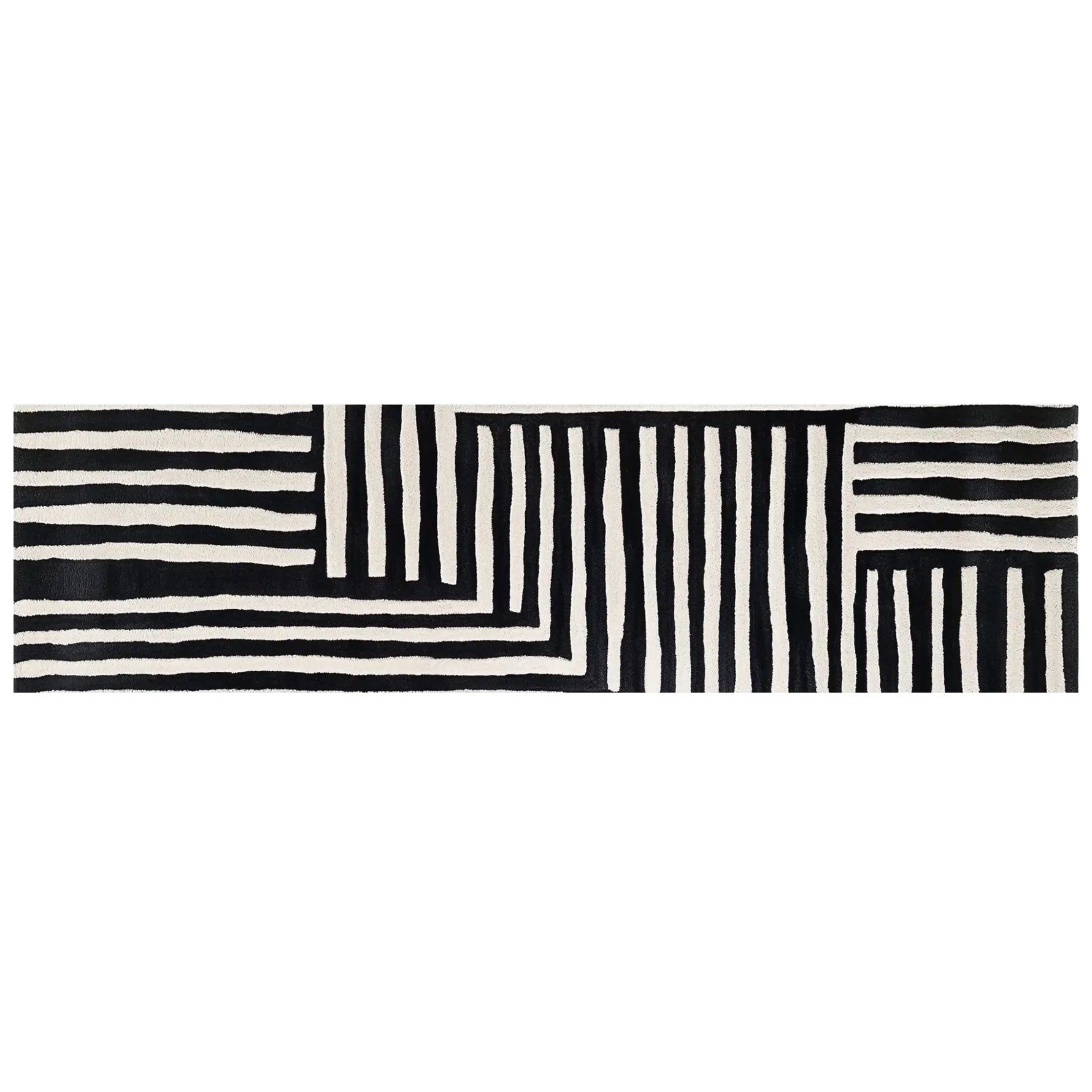 Contemporary Sentinel Pathway Hand Tufted Wool Rug with black and white geometric patterns, ideal as a hallway runner rug or kitchen runner rug. This stylish wool rug adds a modern touch to any room, perfect for use as a kitchen rug or bathroom runner rug.