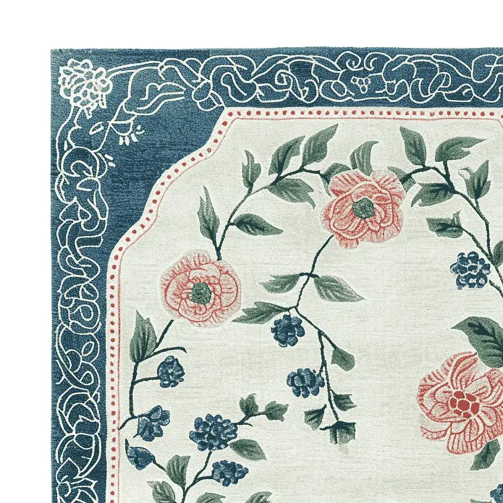 Close-up view of the Serenade of Blooms Hand Tufted Area Rug, showcasing intricate floral designs with vibrant colors, ideal for enhancing living room decor. This wool rug features a beautiful blend of red and blue flowers against a soft background, making it a perfect choice for those looking for elegant living room area rugs.