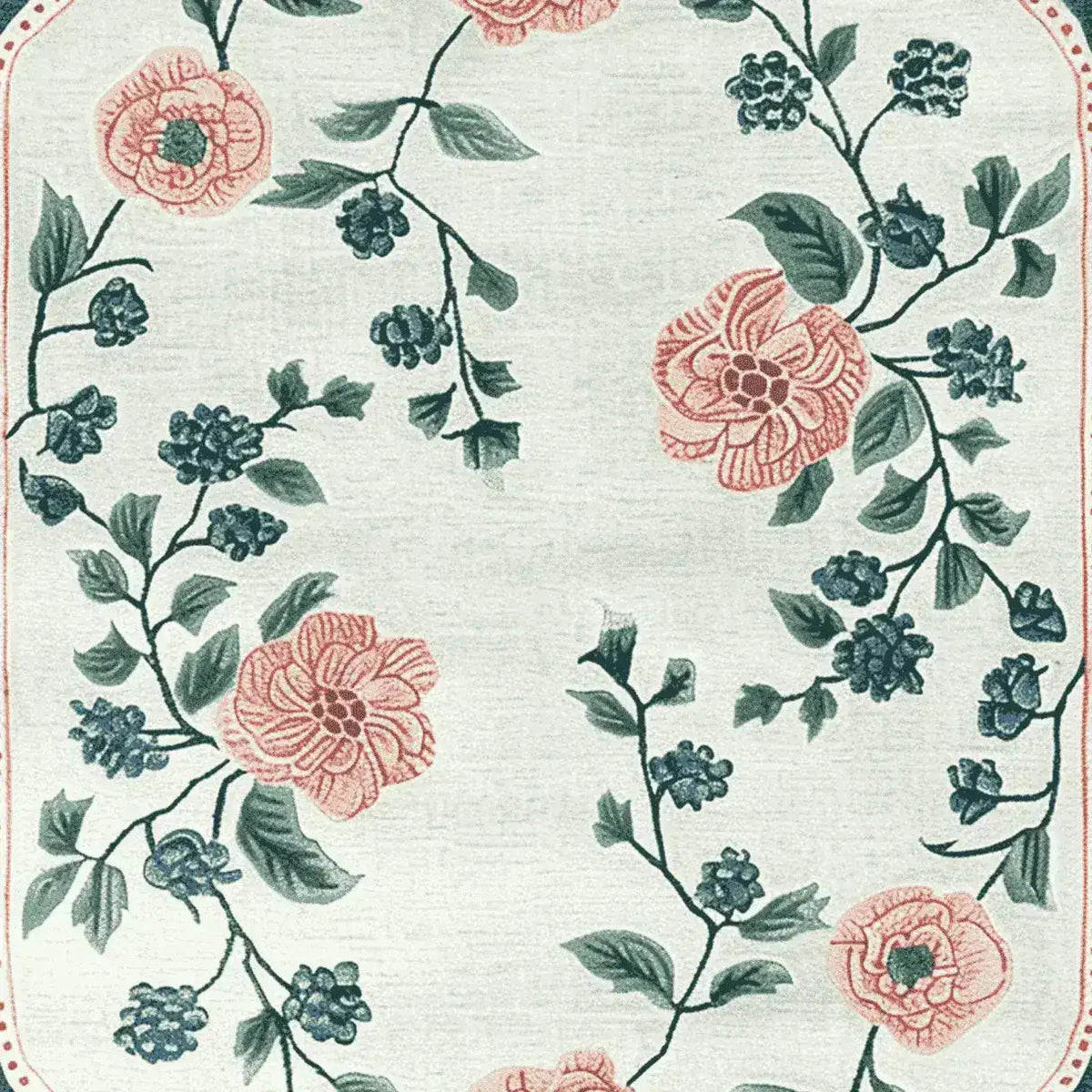 Serenade of Blooms Hand Tufted Area Rug featuring a charming floral design with pink and blue flowers and green leaves on a soft background. Perfect for adding elegance to living room area rugs, this wool rug enhances any space with its intricate details.