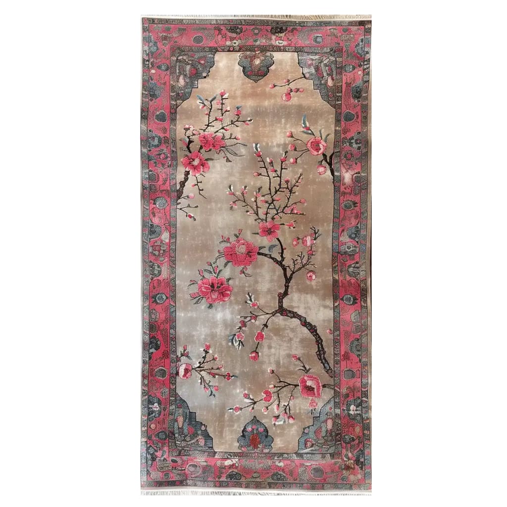 Serenade of Blossoms Knotted Wool Rug showcasing an elegant floral design with intricate pink flowers and branches on a beige background, framed by a rich red and blue border. Perfect as an area rug, this piece complements living room spaces sized 8x10, adding a touch of nature-inspired beauty to your home decor.