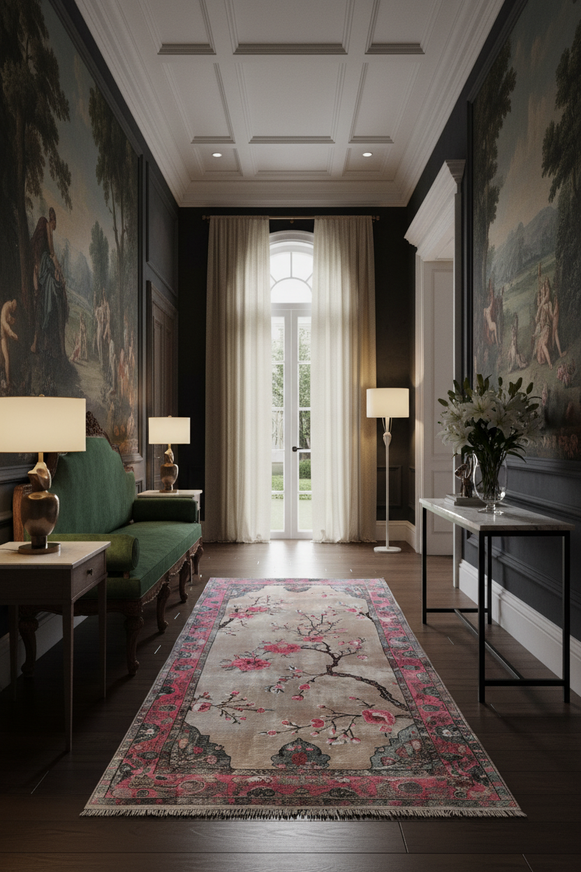 Luxurious living room with classical decor, including a green sofa, patterned rug, and wall art.