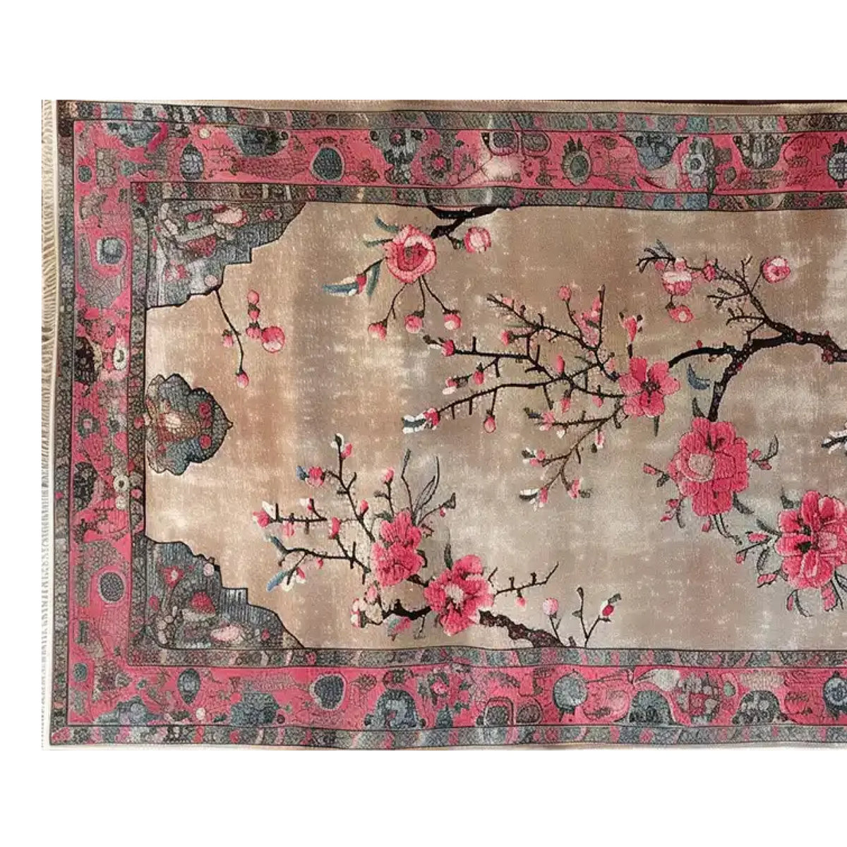 Serenade of Blossoms Knotted Wool Rug featuring a stunning floral design with vibrant pink blossoms on delicate branches. This 8x10 area rug is perfect for adding elegance to living room spaces.