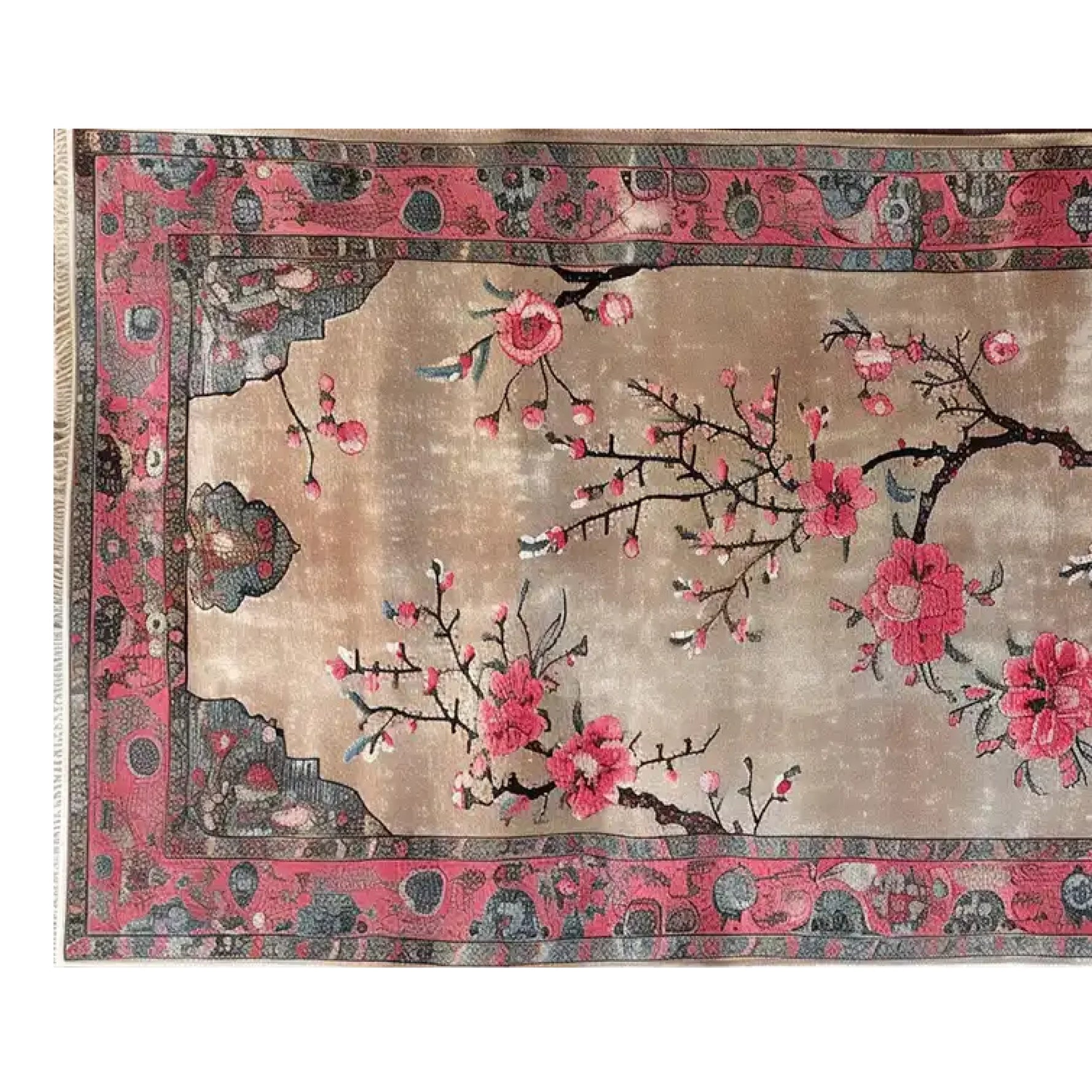 Serenade of Blossoms Knotted Wool Rug featuring a stunning floral design with vibrant pink blossoms on delicate branches. This 8x10 area rug is perfect for adding elegance to living room spaces.