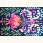 Vibrant Serenade of Mexico Hand Tufted Area Rug featuring a bold floral design with pink and orange flowers and green leaves on a deep blue background. Perfect for enhancing the decor of dining rooms and bedrooms, this wool rug adds a touch of elegance and color to any space.