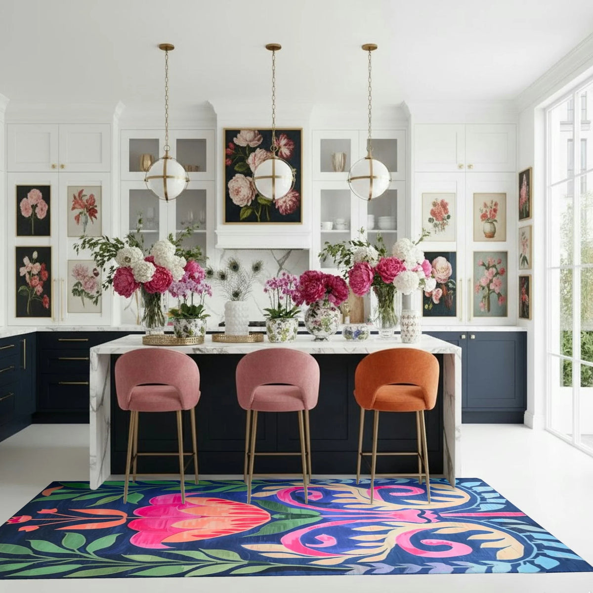 Modern kitchen with pink and orange bar stools, colorful rug, and floral decorations.