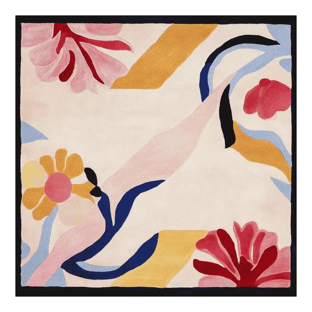 The Serendipity Garden Hand Tufted Rug is a vibrant square area rug featuring an abstract design with colorful floral patterns. Perfect for adding a contemporary touch to large living rooms, this wool rug combines bold hues of red, yellow, blue, and pink, making it an eye-catching centerpiece among area rugs for living rooms.