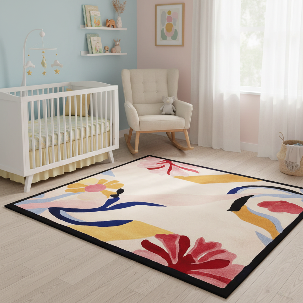 Nursery room with a colorful hand made rug, crib, and rocking chair.