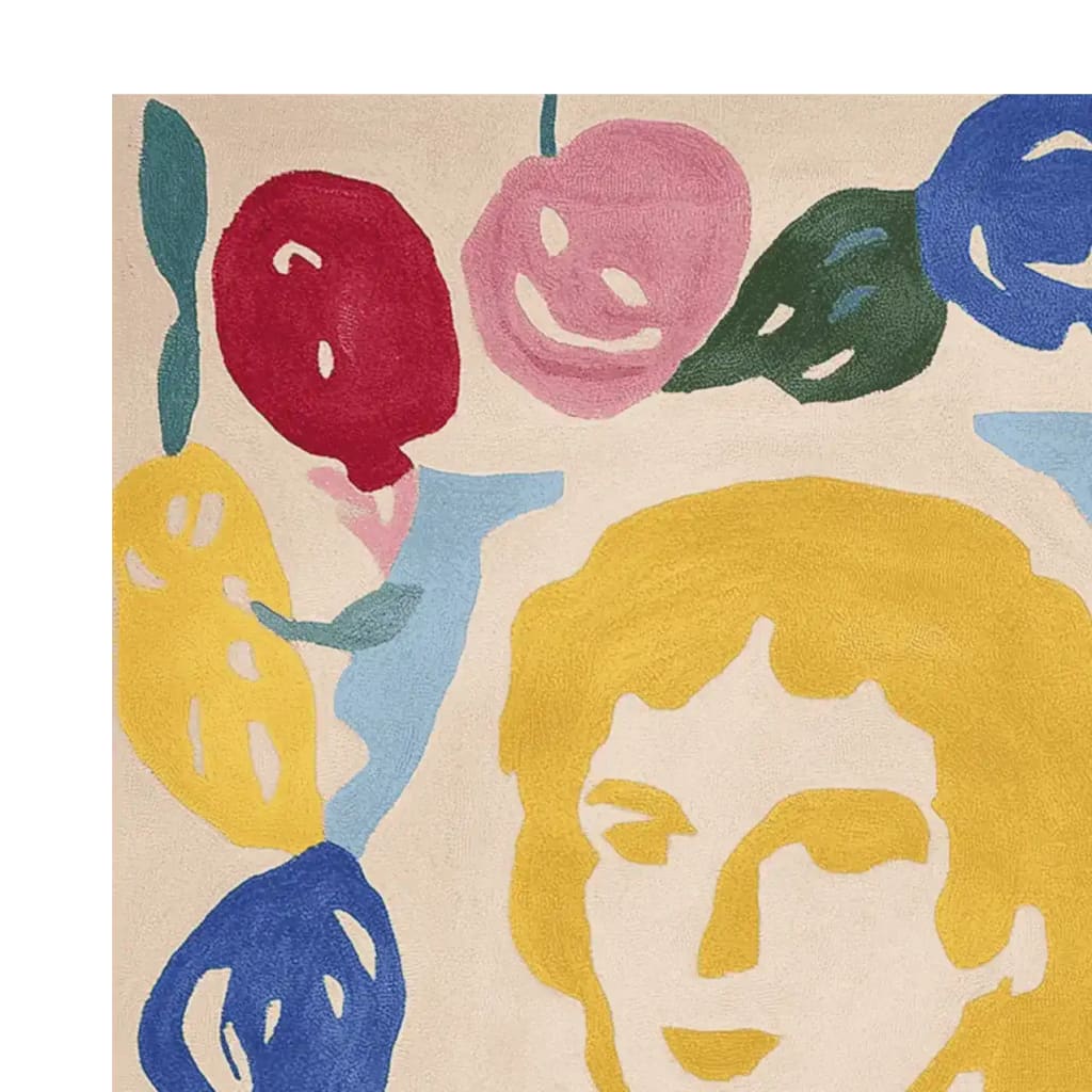 Vibrant and contemporary area rug featuring an abstract design with colorful floral and face patterns. This hand-tufted wool rug is perfect for adding a touch of modern artistry to any living room. Ideal as a living room rug in an 8x10 size, it combines both style and comfort.