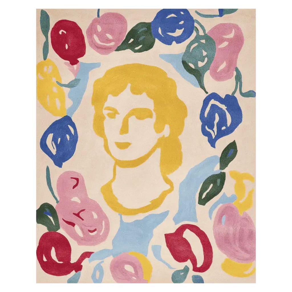 Vibrant and artistic area rug featuring a hand-tufted design with an abstract face surrounded by colorful floral patterns. This contemporary wool rug is perfect for adding a splash of color to your living room. Ideal as an 8x10 rug, it combines modern style with the comfort and quality of a wool rug, making it a standout piece among living room rugs.