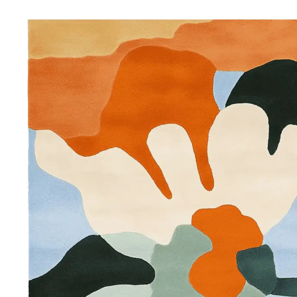 A vibrant, abstract design on a large living room rug, featuring bold splashes of orange, cream, and blue. This contemporary wool area rug is perfect for a modern space, offering both style and comfort. Ideal for those seeking a statement piece in their living room, this 8x10 square rug combines unique artistry with functionality.