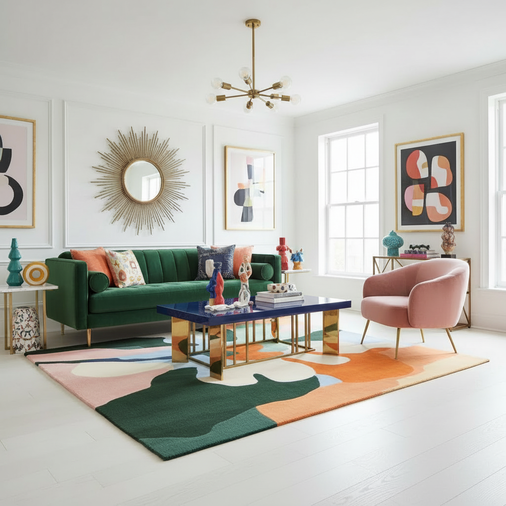 Modern living room with a green sofa, pink chair, and colorful rug.