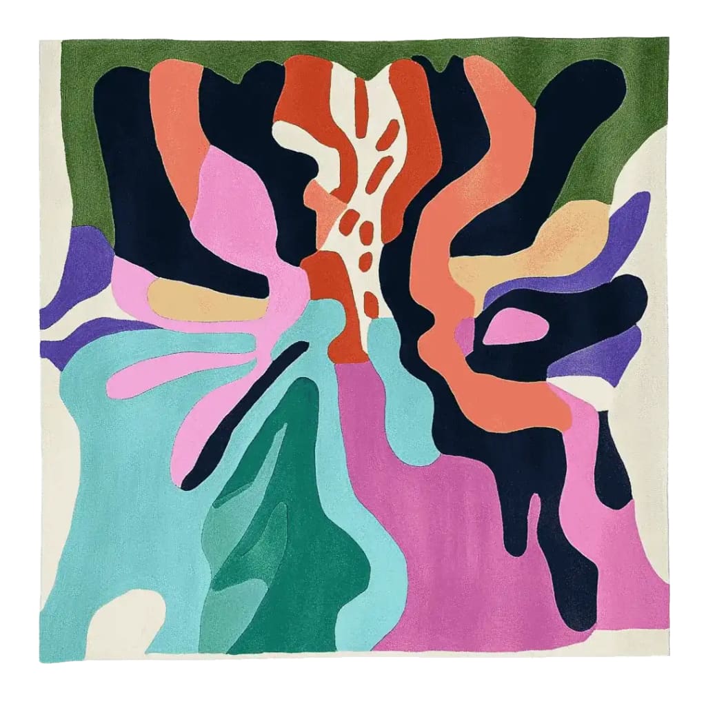 A vibrant contemporary square area rug featuring an abstract design with bold, colorful patterns. Perfect for adding a touch of artistic flair to living room rugs 8x10, this hand-tufted wool rug showcases a blend of green, pink, orange, and blue hues, making it a standout piece for modern living room area rugs.