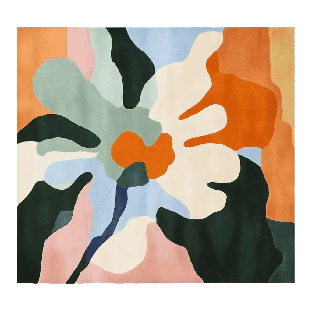 A vibrant, hand-tufted wool area rug featuring an abstract floral design in bold colors. This contemporary square rug is perfect for large living rooms, measuring 8x10. The modern artistic pattern adds a touch of elegance, making it an ideal choice for those seeking a stylish and unique wool rug.
