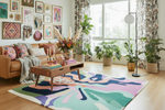 Living room with a colorful abstract rug, wooden coffee table, and decorative pillows.