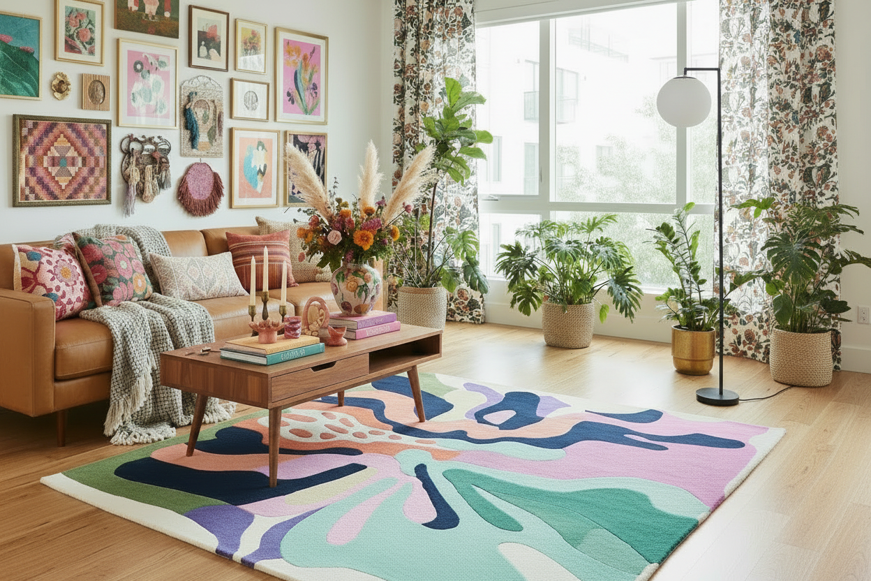 Living room with a colorful abstract rug, wooden coffee table, and decorative pillows.