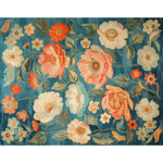 The Serene Garden Hand Tufted Rug showcases a vibrant floral design with large blooms in shades of orange, pink, and cream against a rich blue background. This wool area rug, sized perfectly for an 8x10 living room, adds a touch of elegance and color, making it a stunning centerpiece for any living room decor.