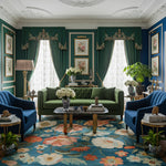 Luxurious living room with green sofa, blue armchairs, and floral rug.