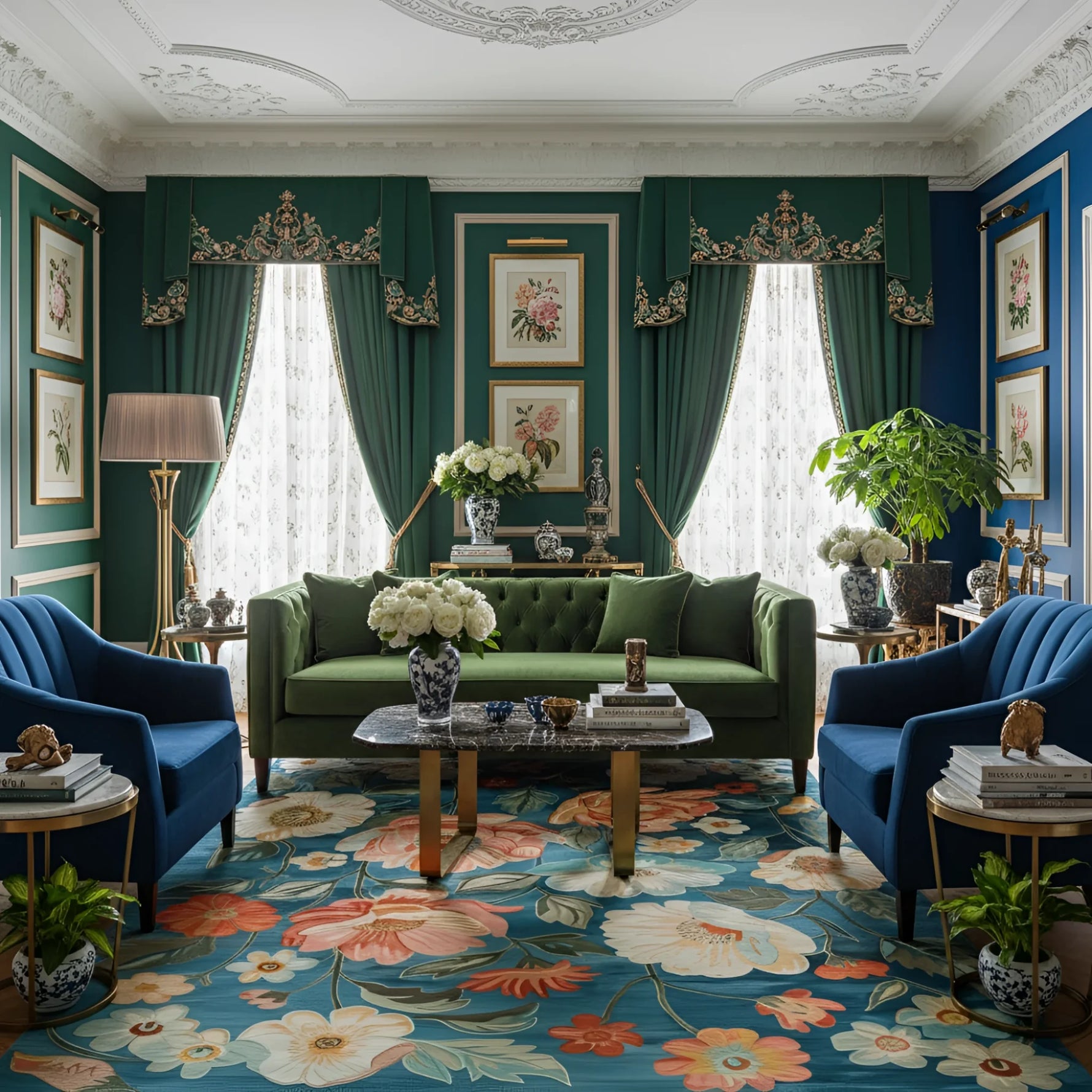 Luxurious living room with green sofa, blue armchairs, and floral rug.