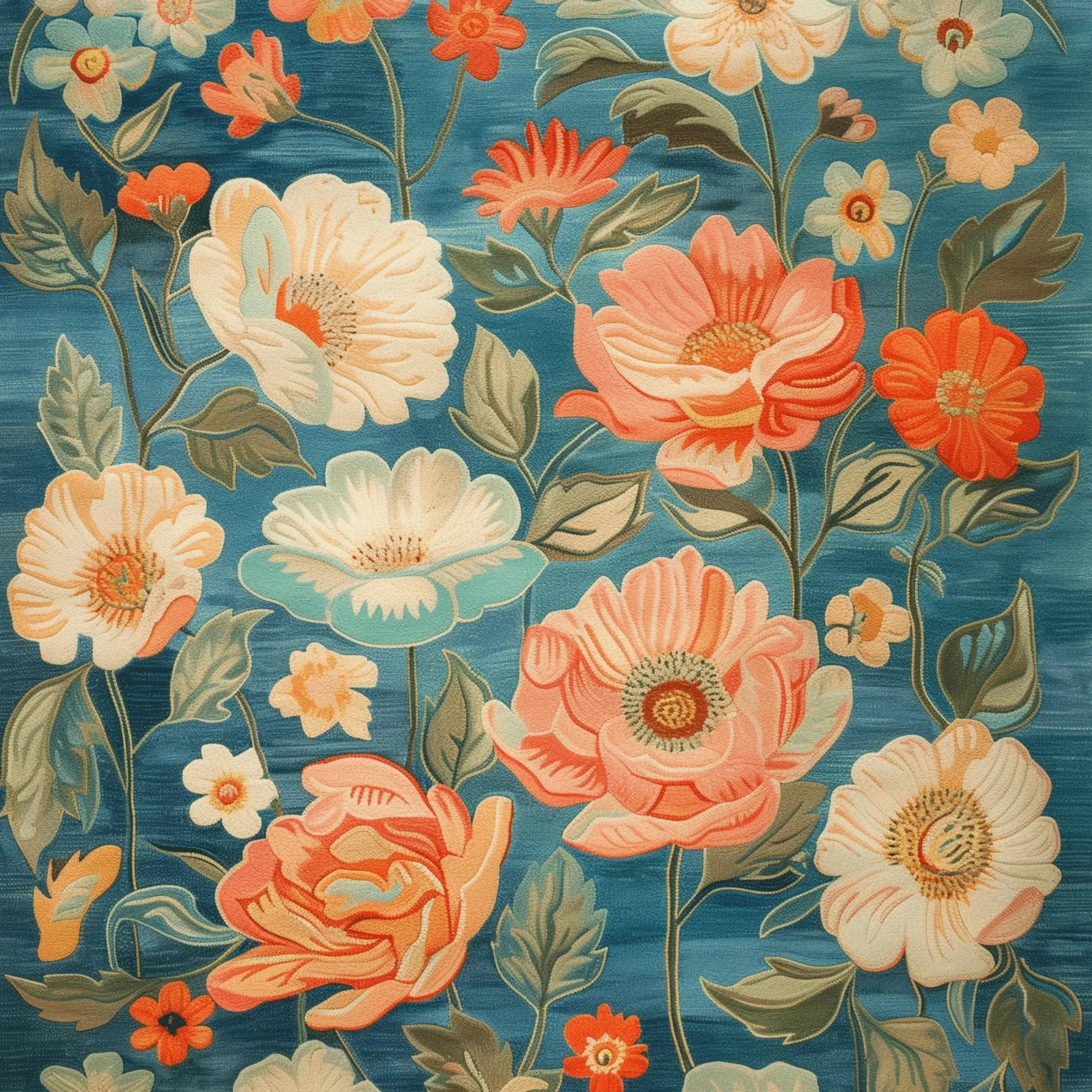The Serene Garden Hand Tufted Rug features a vibrant floral design with large pink, orange, and white flowers set against a rich blue background. This wool rug is perfect for adding a touch of elegance to any living room. Ideal as a large area rug, it measures 8x10, making it an excellent choice for those seeking rugs for their living room.