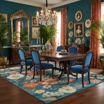 Dining room with blue walls, floral rug, and ornate furniture.