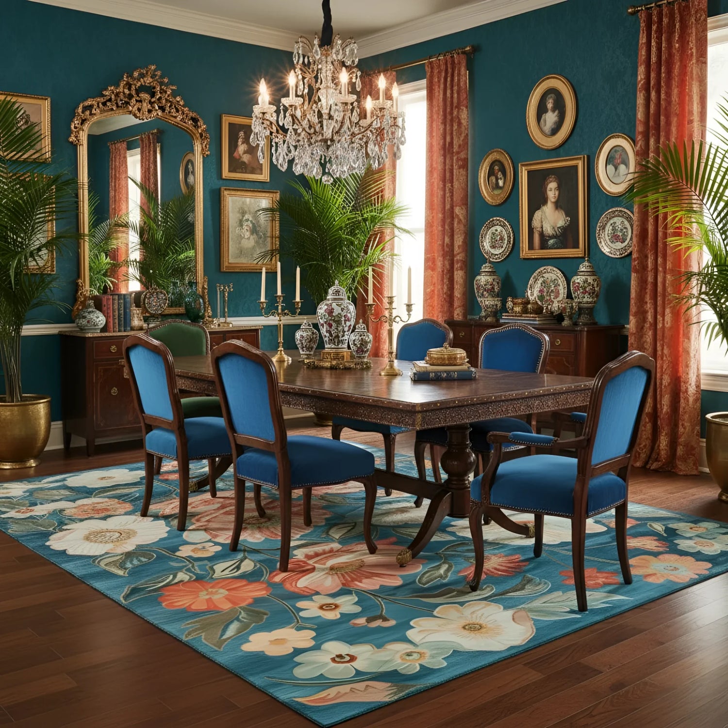 Dining room with blue walls, floral rug, and ornate furniture.