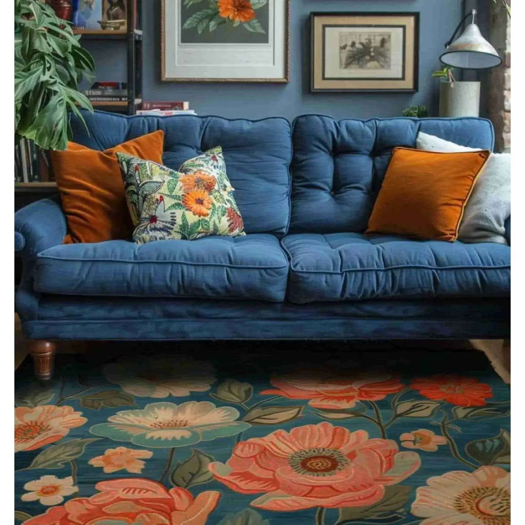 A vibrant living room scene featuring a Serene Garden Hand Tufted Area Rug with a striking floral design. The large 8x10 wool rug showcases vivid orange and white flowers against a rich blue background, perfectly complementing the blue sofa adorned with colorful cushions. This floral rug adds charm and warmth to the living room, making it an ideal choice for those seeking stylish rugs for living rooms.