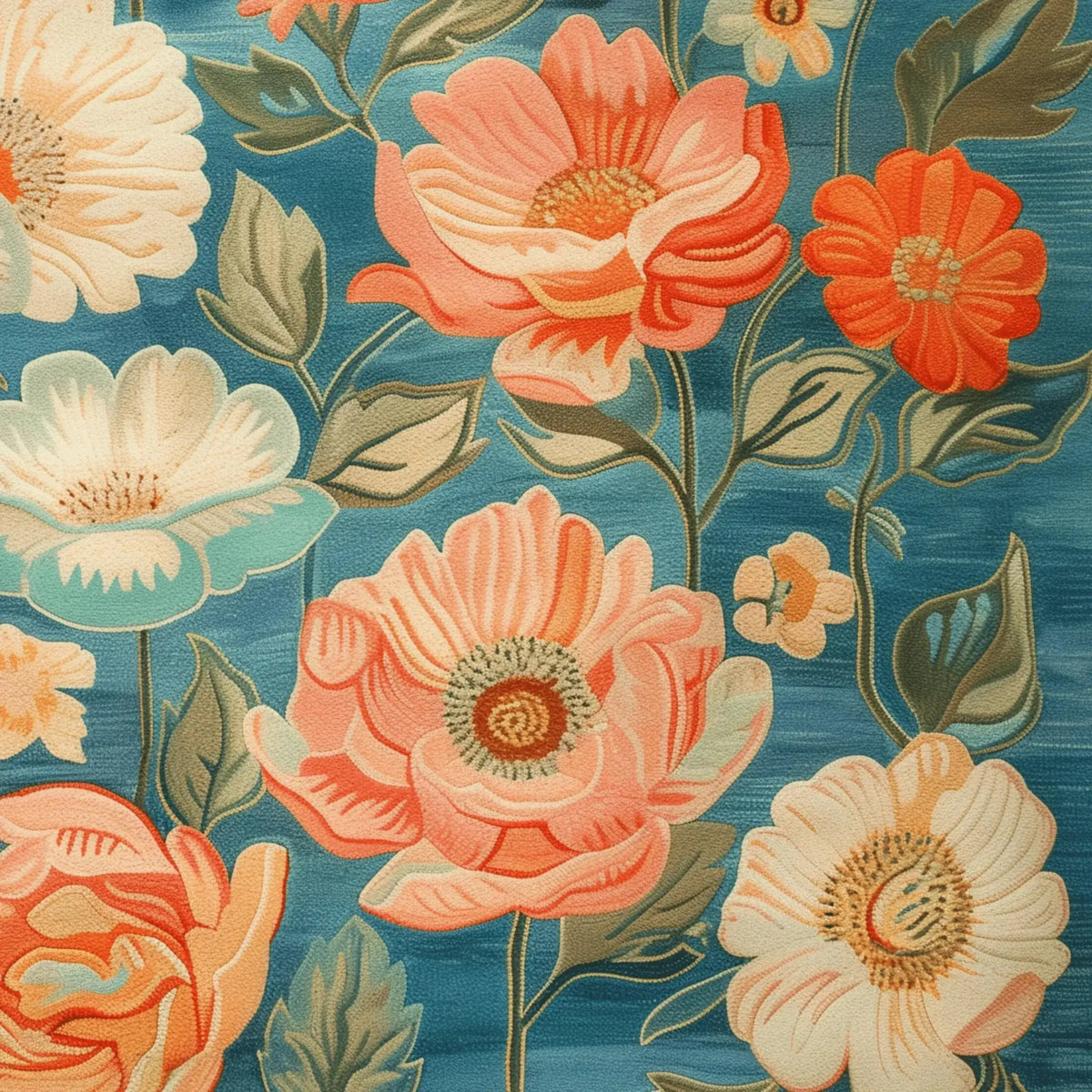 Vibrant floral design of the Serene Garden Hand Tufted Rug, showcasing large, colorful flowers on a blue background. Perfect as a wool area rug for living room settings, this 8x10 rug adds an elegant touch to any space, blending seamlessly with other large area rugs and living room decor.