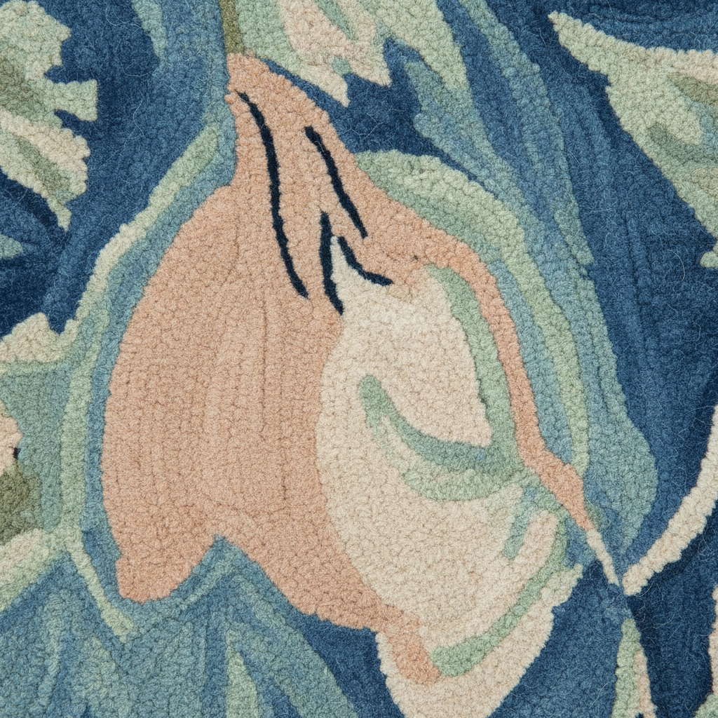 Close-up of a textured rug with floral patterns in blue, green, and beige.