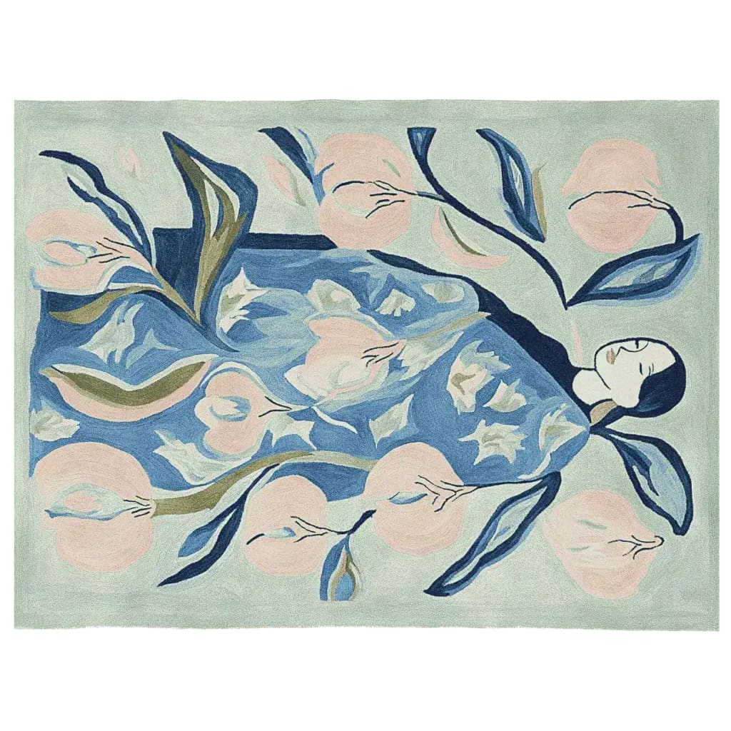 A beautifully designed hand-tufted area rug featuring an abstract floral pattern with soft pastel colors and a serene figure. This wool rug is perfect for contemporary living room spaces, offering a stylish touch to any decor. Ideal for those seeking an 8x10 living room area rug that combines artistry with comfort.
