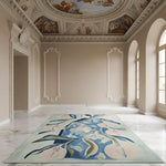 Decorative rug with floral pattern in a grand room with classical architecture