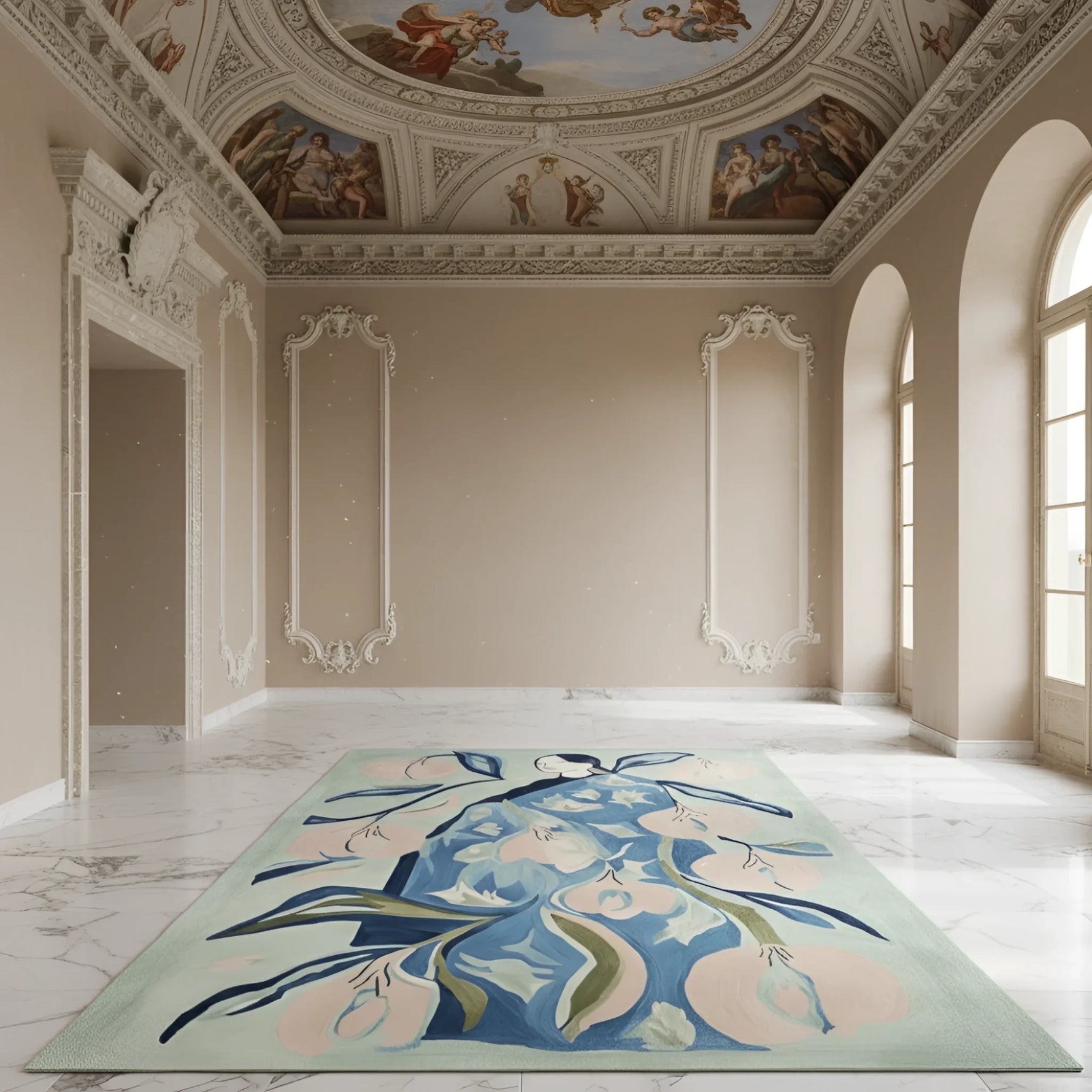 Decorative rug with floral pattern in a grand room with classical architecture