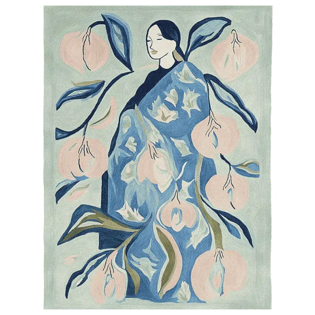 A beautifully hand tufted area rug featuring a serene garden muse design in a contemporary style. The rug displays an elegant figure surrounded by large floral patterns in soft blues, greens, and pinks, perfectly suited for living room area rugs. Made from high-quality wool, this 8x10 living room rug adds a touch of artistic charm to any contemporary home decor.