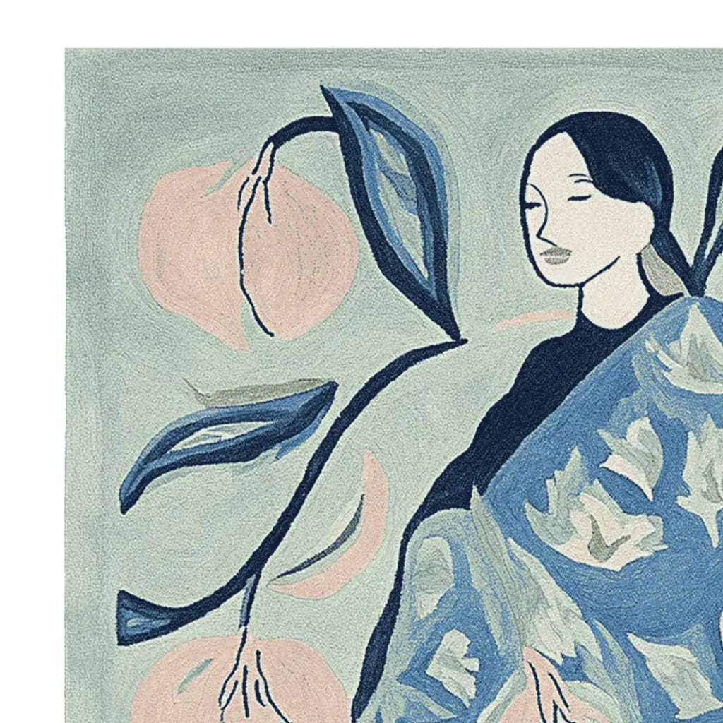 This image showcases the Serene Garden Muse Hand Tufted Rug, a contemporary wool area rug featuring abstract floral and figure designs. Perfect for enhancing living room aesthetics, it comes in an 8x10 size, ideal for adding a touch of artistic flair to your space.