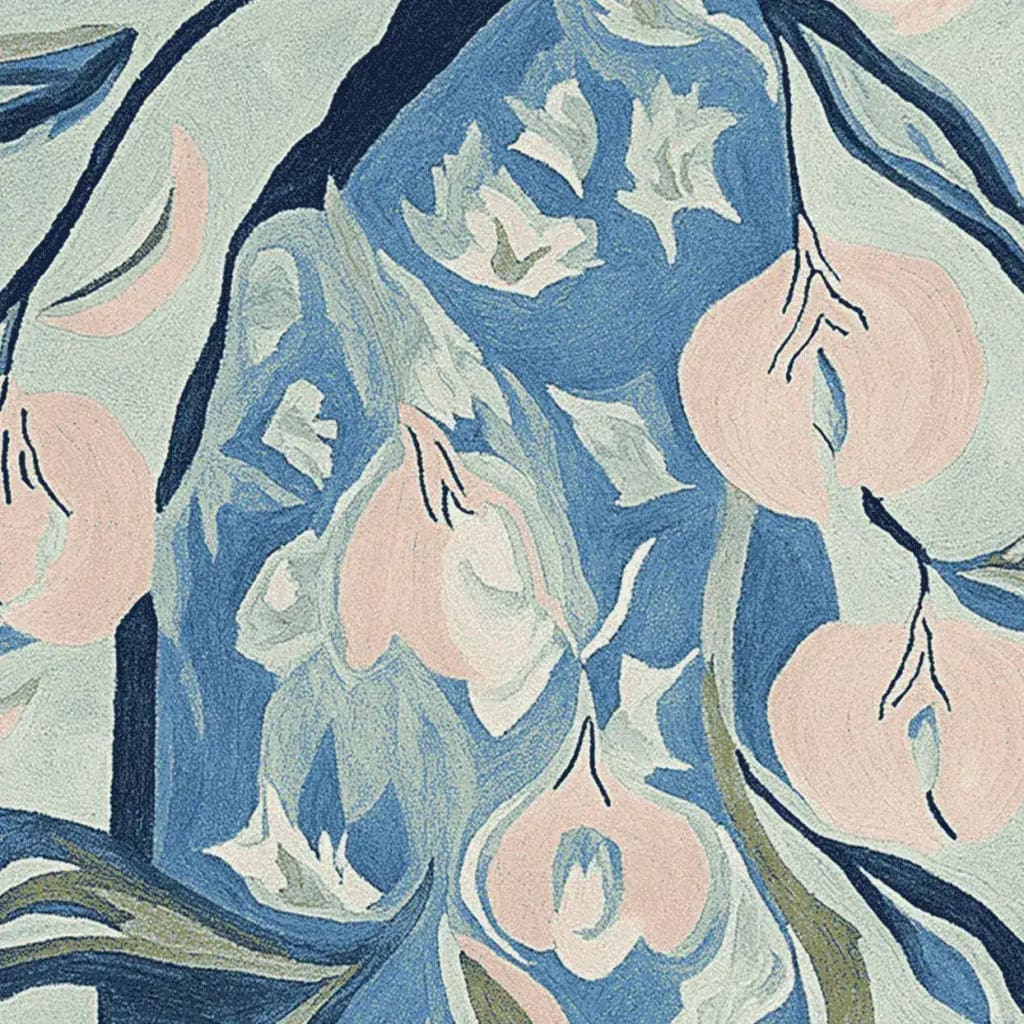 Close-up view of the Serene Garden Muse Hand Tufted Area Rug, showcasing its abstract floral design in pastel blues and pinks. This contemporary wool rug is perfect for adding a touch of elegance to your living room. Ideal size for living room rugs 8x10.